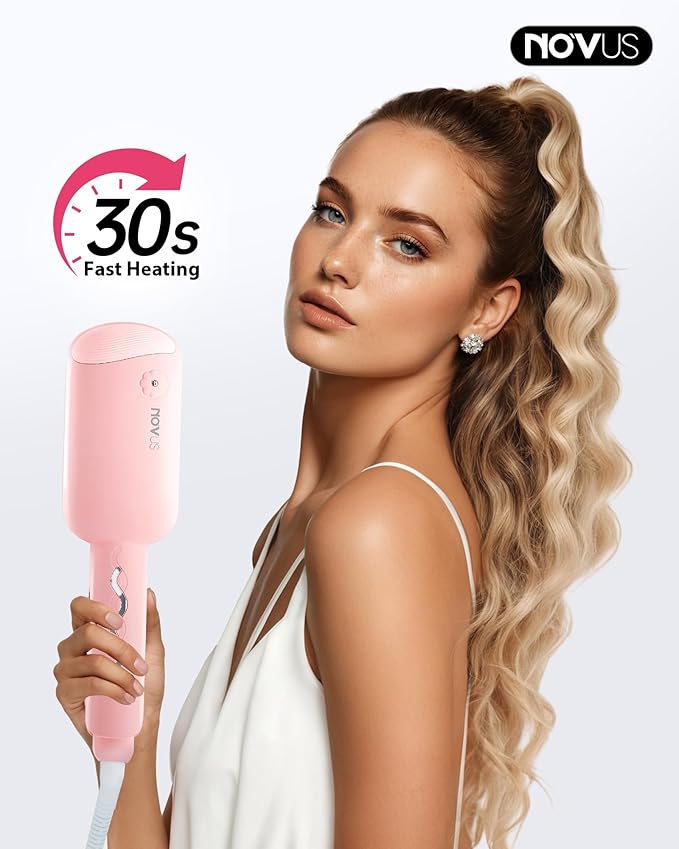 NOVUS 1.25 Inch Curling Iron,Hair Crimper- Beach Wave Hair Waver with Anti-Scald & Negative Ion Technology, Hair Crimper Ceramic Barrel for Tangle-Free Waves on All Hair Types, Pink