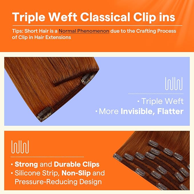 Full Shine Copper Real Hair Clip in Extensions Copper Red Clip in Hair Extensions for Women Short Hair 12 Inch 95 G 7 Pcs