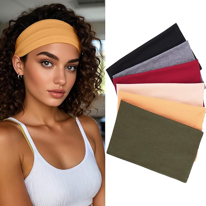 6 Pack Extra Wide Headbands for Women's Hair Band Stretchy Turban Girls Styling Accessories Headband Sports Headbands Trendy Head Bands for Women（Black,Beige, Army green,Red,Dark Gray,Turmeric）