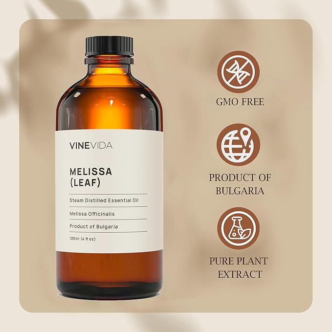 VINEVIDA Melissa Leaf Essential Oil 4 oz - Undiluted Melissa Leaf Oil 4 oz - Melissa Leaf Candle Oil Scent - DIY Candle Scents for Candlemaking - Bulk Essential Oil for Soap Making Safe for Skin