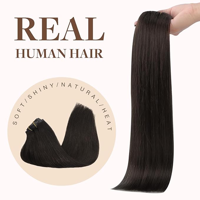 GOO GOO Clip in Hair Extensions Real Human Hair, Remy Human Hair Extensions Clip ins for Women, Natural Human Hair, 20inch 150g 7Pcs, 2 Dark Brown