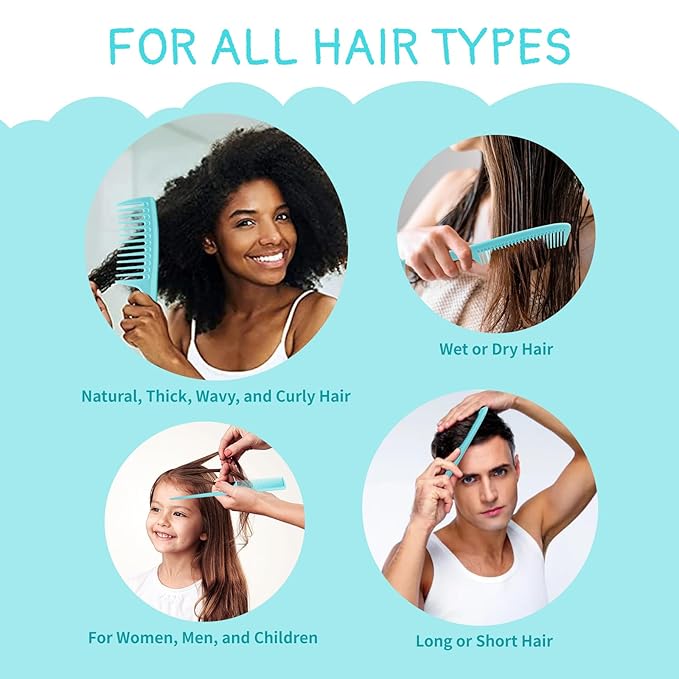 Hair Comb 3-in-1 Plastic Hair Comb Set For Women, Men - Wide Tooth, Rat Tail, and Regular Tooth Detangling Hair Combs for All Hair Types-Blue