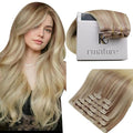 RUNATURE Balayage Clip in Hair Extensions, Natural Remy Thick Hair for Women, Double Weft Real Human Hair Extensions Clip Ins, 14 Inch 120g 7pcs #18/22/60 Ash Blonde Ombre to Bleach Blonde