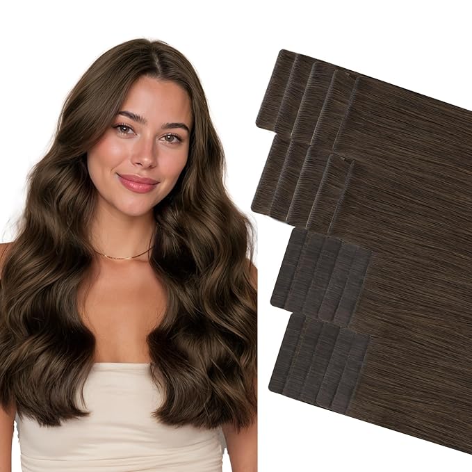 GOO GOO Invisi Edge Tape in Hair Extensions Human Hair, 2A Light Brown 10pcs injected with 10pcs classical tape ins, 14inch 50g, Virgin Remy Hair, Natural Look
