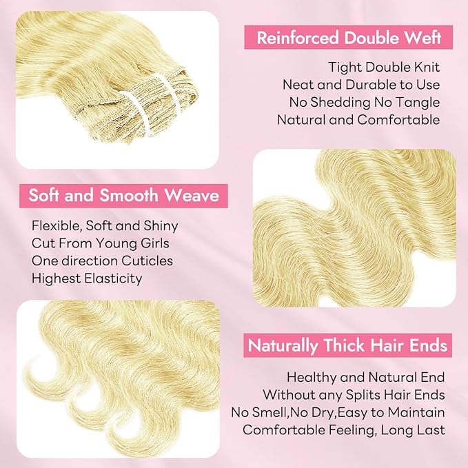 Clip in Hair Extensions Real Human Hair Body Wave 613 Bleach Blonde Clip in 100% Brazilian Remy Human Hair Extensions 8pcs Per Set with 18 Clips Double Weft 20 Inch 105g/3.6oz