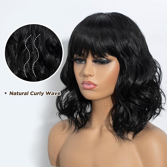 NOBLE Black Bob Curly Wavy Wig with Bangs for Women, Natural, Heat Resistant Synthetic Fiber Wig for Daily Party Cosplay Costume