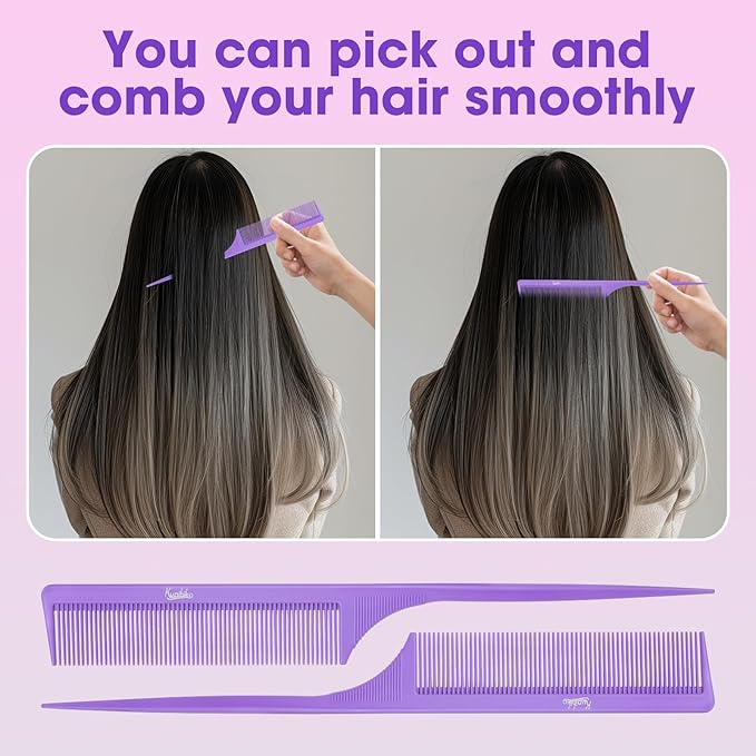 Rat Tail Comb2-in-1 Fine Tooth Parting Comb & Root Teasing Comb for Women - Carbon Fiber, Anti-Static, Purple & Black