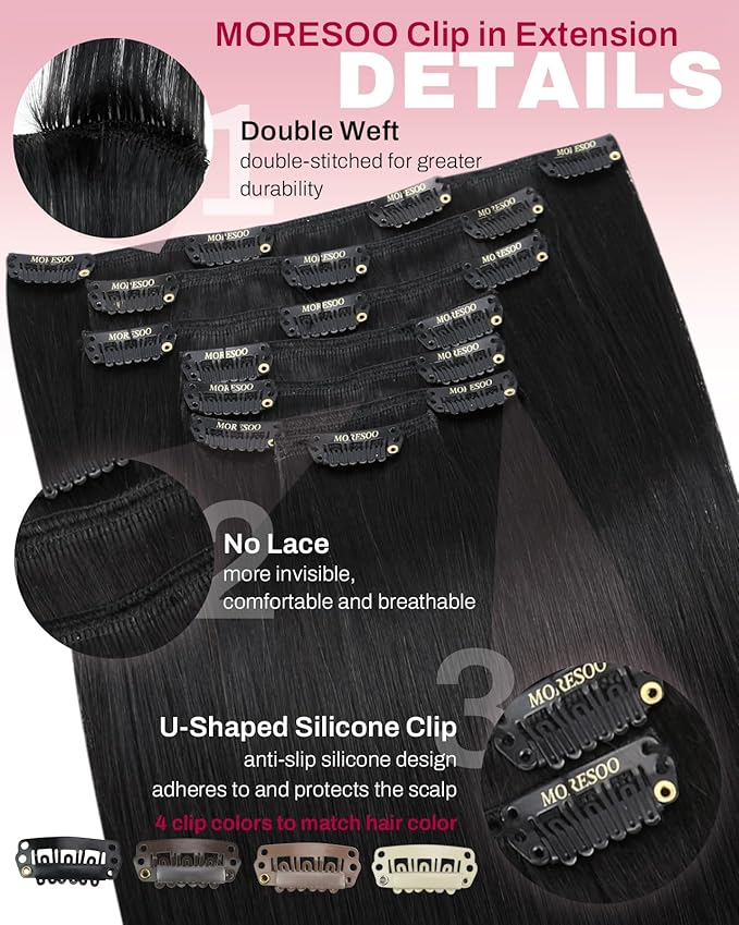 Moresoo 24 inch Hair Extensions Clip in Human Hair Black Remy Double Weft Human Hair Clip in Extensions Straight Hair Extensions for Women Natural Black #1B 7pcs 120g