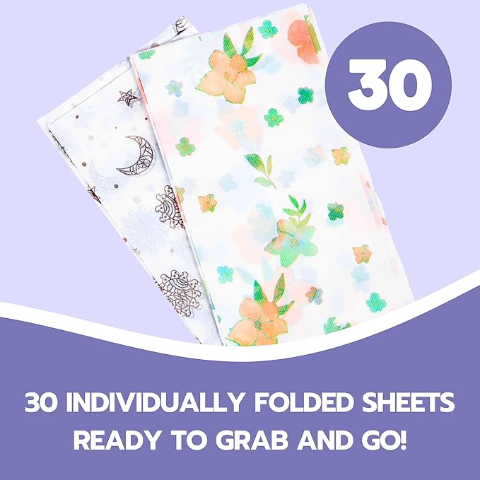 30 Pack Disposable Splat Mats by Eli with Love - Extra Large 49"x49" 100% Waterproof Baby Splat Mat for Under High Chair - Plastic Mat Liner for Floor - Protect from Spills (Floral, 30 Pack)
