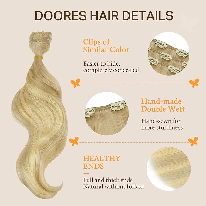 DOORES Clip in Hair Extensions, Dirty Blonde Mixed Platinum Blonde 150g 9pcs 16 Inch, Remy Hair Extensions Clip in Human Hair Extensions Human Hair Natural Silky Straight Thick Hair Extensions