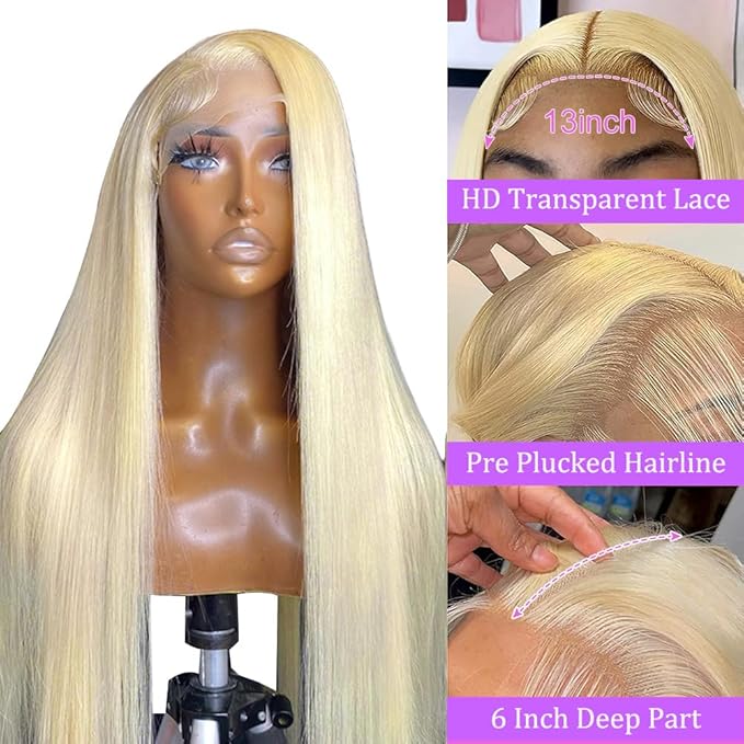 613 13x6 Lace Front Wig Human Hair Pre Plucked Straight Blonde Human Hair Lace Front Wigs 613 HD Lace Frontal Wig Blonde Wigs for Black Women 180% Density 28 Inch