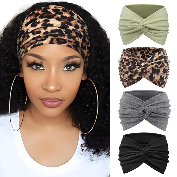 DRESHOW 4 Pack Turban Headbands for Women Wide Vintage Head Wraps Knotted Cute Hair Band Accessories
