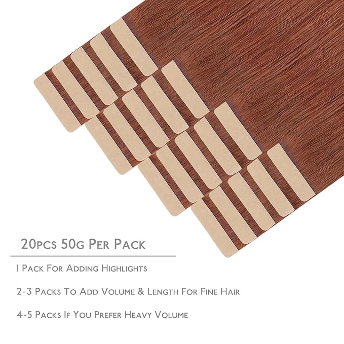 WENNALIFE Tape in Hair Extensions Human Hair, 20pcs 50g 20 inch Dark Auburn Copper Remy Hair Extensions Straight Human Hair Tape in Extensions Skin Weft Tape Extensions Human Hair