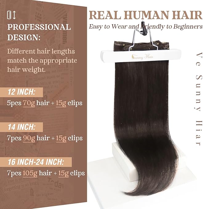 Ve Sunny Clip in Hair Extensions Real Human Hair Dark Brown Hair Extensions Clip ins Long Natural Hair Extensions Human Hair Clip in Soft and Silky 120g 7pcs 22inch