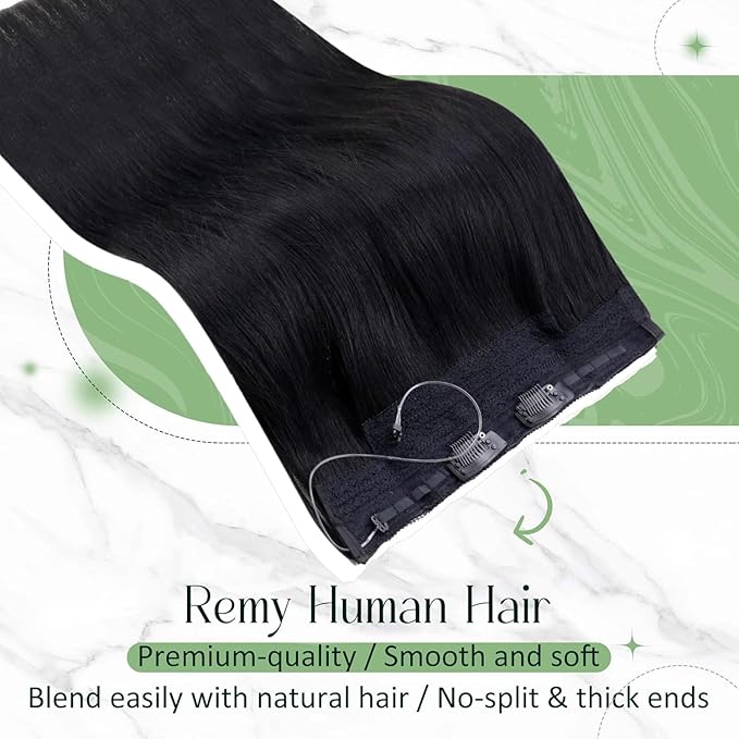 RUNATURE Invisible Wire Hair Extensions Real Human Hair Jet Black, 20 Inch One Piece 100g, Fish Line Hair Extensions Straight Soft Hair, Natural Looking #1 Jet Black