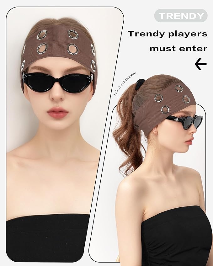 Grommet Headband for Women, Plus Brown 23cm Hollow Out Elastic Hair Band, Eyelets Punk Grunge Stylish Hairband