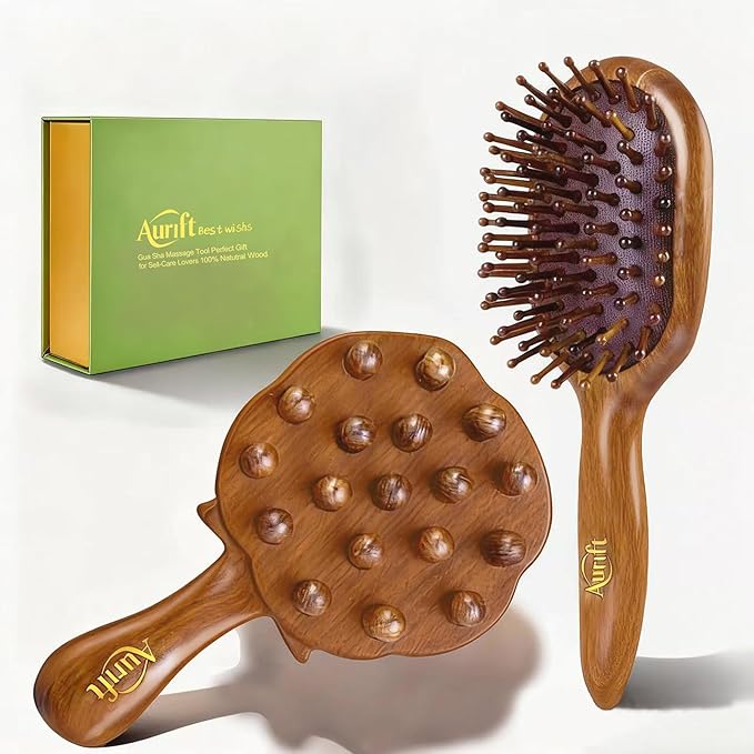 Wooden Scalp Massager Tool set, Christmas Gifts for Mon, Head Massager Brush for Hair Growth, Curl Detangler Brush, Travel Wet Hair Brush, Body Gua sha tool for Lymphatic Drainage Stress Relief