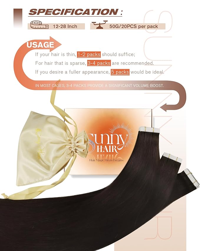 Sunny Hair Tape in Hair Extensions Real Human Hair Invisible Remy Hair Extensions Tape ins for Women Darkest Brown 24 inch 20Pcs 50G