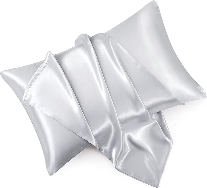 Light Grey Satin Pillowcases Queen Size Set of 2 for Hair and Skin,Light Grey Silk Pillowcase Breathable Pillowcase with Envelope Closure