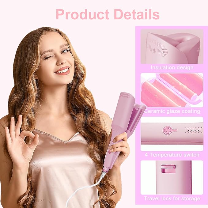 Waver Hair Crimper, 1.25 Inch Curling Wands with Ceramic 3 Barrels, 4 Temp Settings, Heat Resistant Glove, Fast Heating Crimper Hair Iron for Short and Long Hair (Pink)