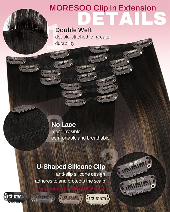 Moresoo Clip in Hair Extensions Balayage Dark Brown Mixed with Chestnut Brown Hair Extensions Real Human Hair Clip ins Ombre Brown Clip in Extensions Double Weft 7pcs 135g 18inch
