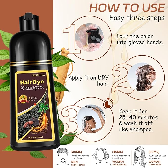 Instant Black Hair Dye Shampoo for 100% Gray Hair Coverage, Natural Herbal Hair Color Shampoo Hair Dye, 3 in 1 Coloring & Care Formula Lasts 3-4 Weeks, Easy & Quick to Use for Women Men, 500ML