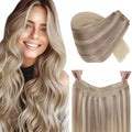 RUNATURE Wire Hair Extensions Real Human Hair, Balayage Invisible Fish Line Extensions, Straight Remy Natural Hair, Add Volume 16 Inch 80g #18/22/60 Ash Blonde to Light Blonde Mix Bleach Blonde