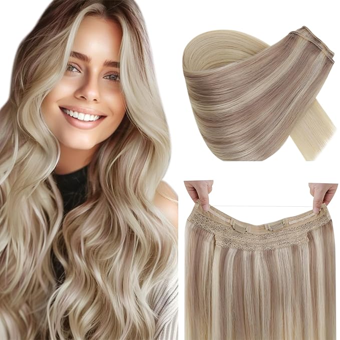 RUNATURE Wire Hair Extensions Real Human Hair, Balayage Invisible Fish Line Extensions, Straight Remy Natural Hair, Add Volume 16 Inch 80g #18/22/60 Ash Blonde to Light Blonde Mix Bleach Blonde