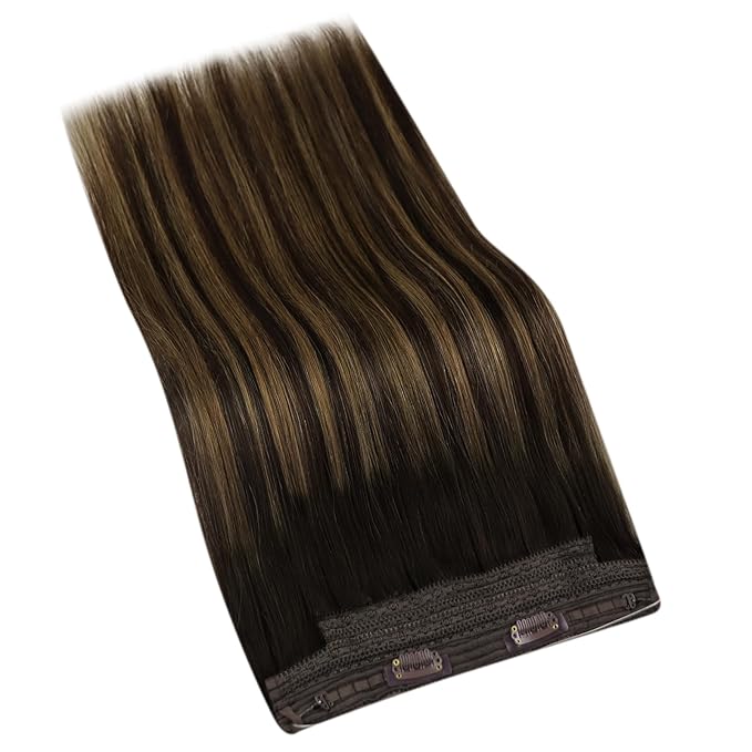 YoungSee 120G Wire Hair Extensions Human Hair Brown Balayage Invisible Wire Hair Extensions Darkest Brown Ombre Medium Brown Fish Line Hair Extension for Women 16Inch