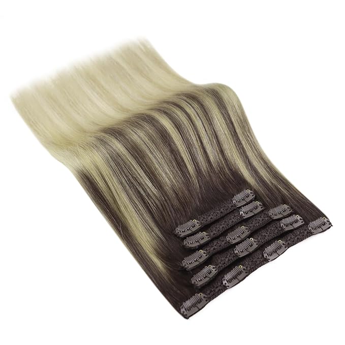 Ve Sunny Clip in Human Hair Extensions Balayage Clip in Hair Extensions Ombre Clip in Extensions Real Human Hair Dark Brown Ombre Dark Golden Blonde Balayage Light Blonde Short Hair 5pcs 80g 12inch