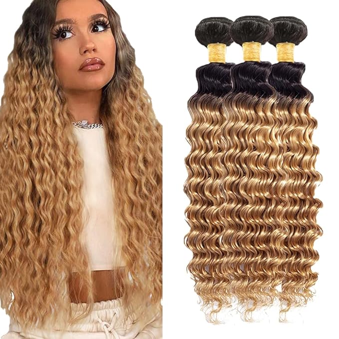 1b/27 Human Hair Bundles Ombre Blonde Deep Wave Bundle Brazilian Virgin Soft and Silky Remy Hair 3 Bundles 12 14 16 Inch Double Weft 2 Tone Black and Honey Blonde Bundle 150g