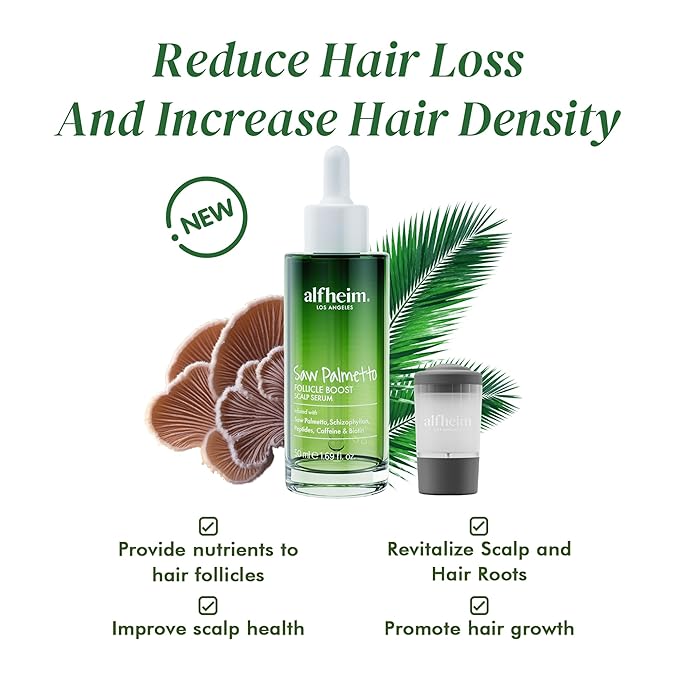 ALFHEIM Saw Palmetto Scalp Serum for Boost Follicle - Infused With Caffeine, Biotin for Thicker Hair - Balance Scalp, Rejuvenate Hair Follicles ＆ Improve Hair Density - 1.69 fl oz + Serum Applicator