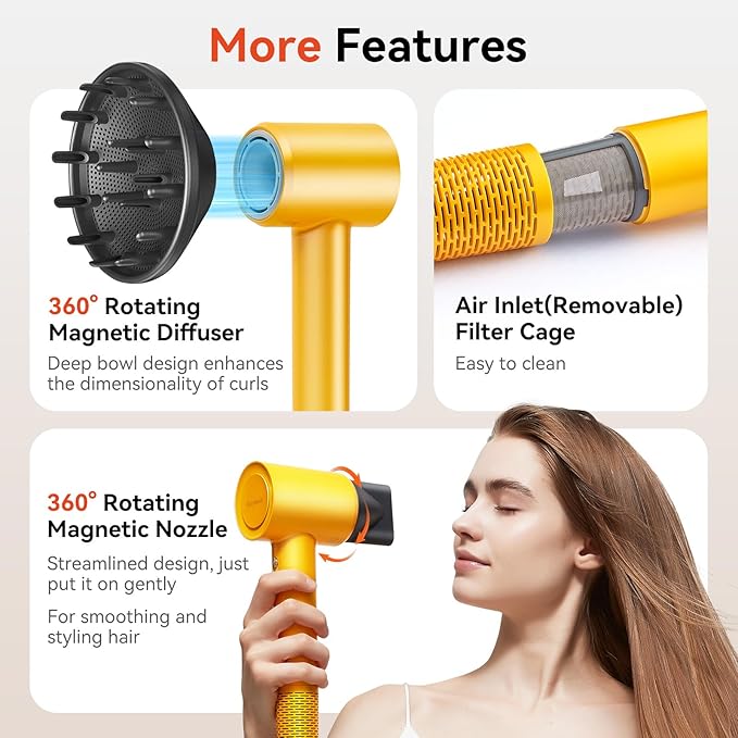 Diffuser Hair Dryer Professional with Temperature Control, Ionic Technology, Low Noise (Yellow with Diffuser Nozzle)