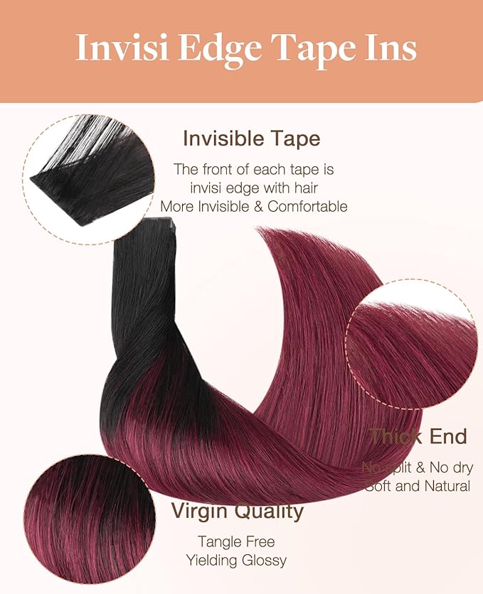 GOO GOO Invisi Edge Tape in Hair Extensions Human Hair, 1/99 Balayage Jet Black to Red, 20pcs 16inch 50g, Virgin Remy Hair, Seamless Injected Tape, Natural Look