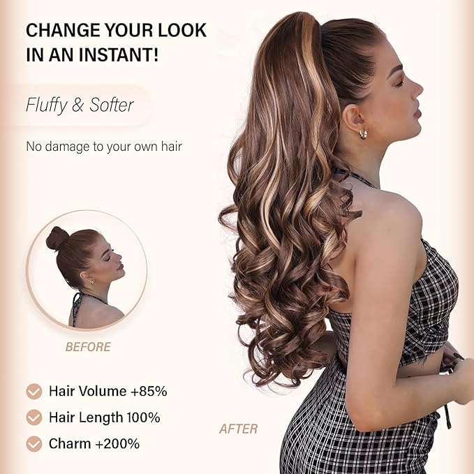 24 Inch Blonde Ponytail Extension, Clip on Ponytails for Women, Long Curly Ponytail Extensions for Women, Synthetic Layered Pony Tails Hair Extensions (Color: Dark Blonde With Beige Blonde Highlights)