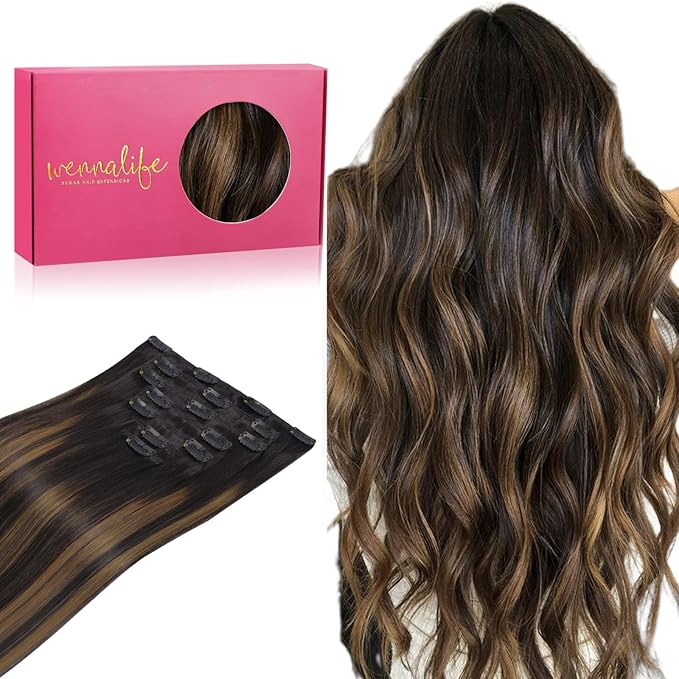 WENNALIFE Clip in Hair Extensions Real Human Hair, 24 Inch 160g 7pcs Balayage Natural Black to Chestnut Brown Remy Hair Straight Natural Extensiones De Cabello Humano Con Clip Ins
