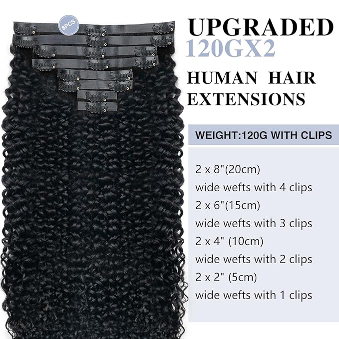 Curly Clip in Hair Extensions Real Human Hair 2 Pack 240g Seamless Clip in Hair Extensions for Women Full Max with 16Pcs PU Skin Weft 16inch Natural Black