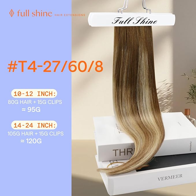 Full Shine 24 Inch Real Hair Extensions Clip in Human Hair for Long Hair Brown Roots Honey Blonde Remy Clip in Hair Extensions Double Weft Invisible Straight 7 Pcs 120 G