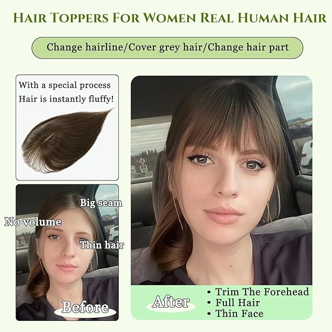 Hair Toppers for Women Real Human Hair, 360°3D Bangs Clip Human Toppers for Women with Thinning hair Realistic Scalp Line (Brown Black, 3D Wispy Bangs(11 * 7))