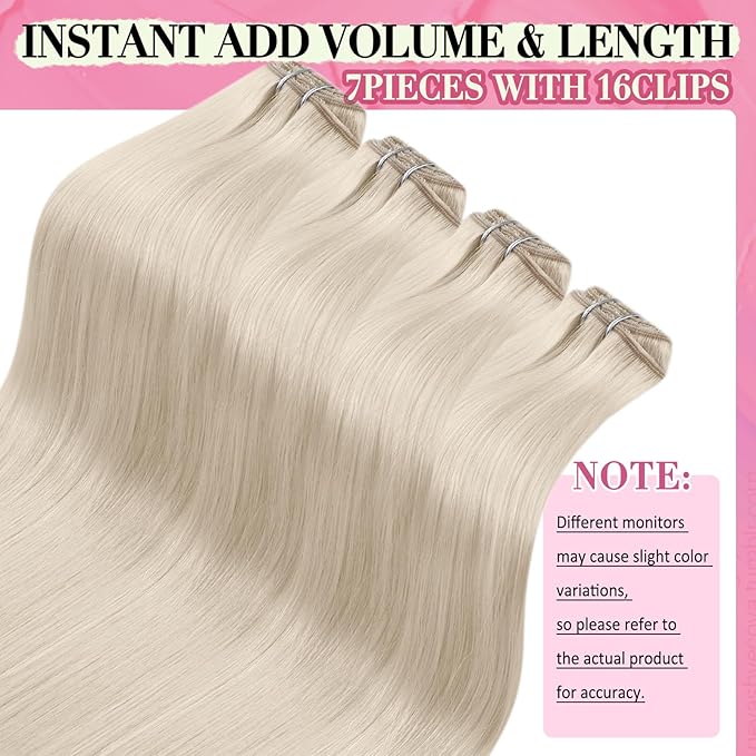 YoungSee Clip on Hair Extensions White Blonde Clip in Hair Extensions Human Hair Platinum Blonde Long Straight Hair Extension Clip ins 22In 120G 7Pcs