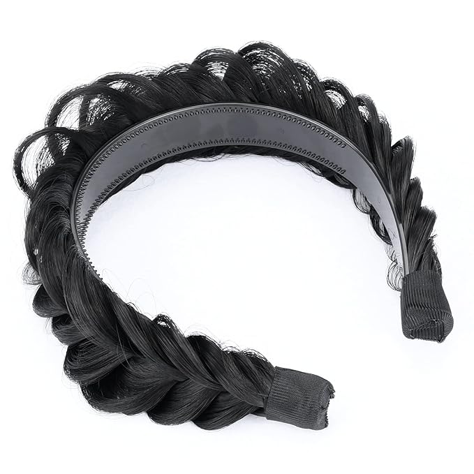 DIGUAN Wide Messy Braided Headband With Teeth Synthetic Hair Plaited Headband High Elasticity Braids Chunky Fishtail Braided Hair Band Hairpiece for Girls Women (Natural Black)