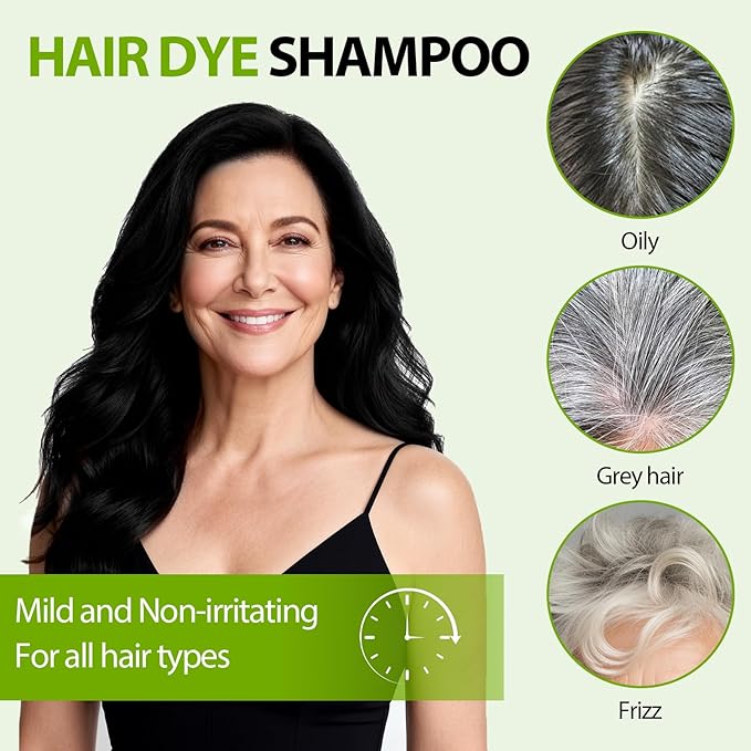 Black Hair Dye Shampoo for Women & Men, 15 Min Gray Coverage, 3 in 1 Semi-Permanent Color with Natural Herbal Ingredients