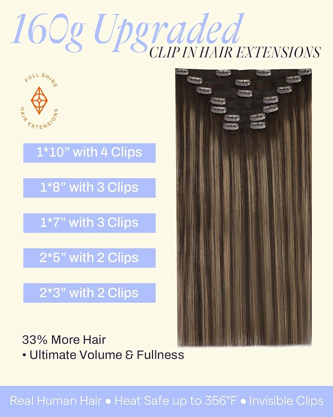 Full Shine Real Hair Clip in Extensions 160 G 18 Inch Balayage Dark Brown to Light Brown Clip in Hair Extensions for Thickness 7 Pcs