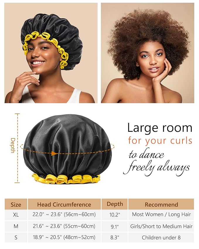 mikimini Black Shower Caps for Women Men & Girls 2 Packs, Reusable, Double Layers Waterproof Bathing Shower Hat with Soft Comfortable PEVA Lining, non-fading, Stretchy Shower Cap