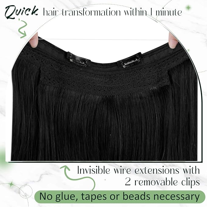 RUANTURE Jet Black Wire Hair Extensions Real Human Hair, Invisible Wire Hair Extensions Soft Straight Hair, Natural Looking, Easy to Install in Daily Wearing, 14 Inch 70g #1 Jet Black