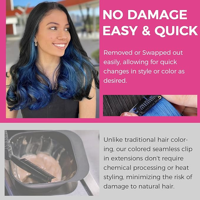 Lashey Seamless Clip in Hair Extensions Human Hair 46g 4pcs 18 Inch Blue Straight Hair Extensions Clip ins with Invisi Edge