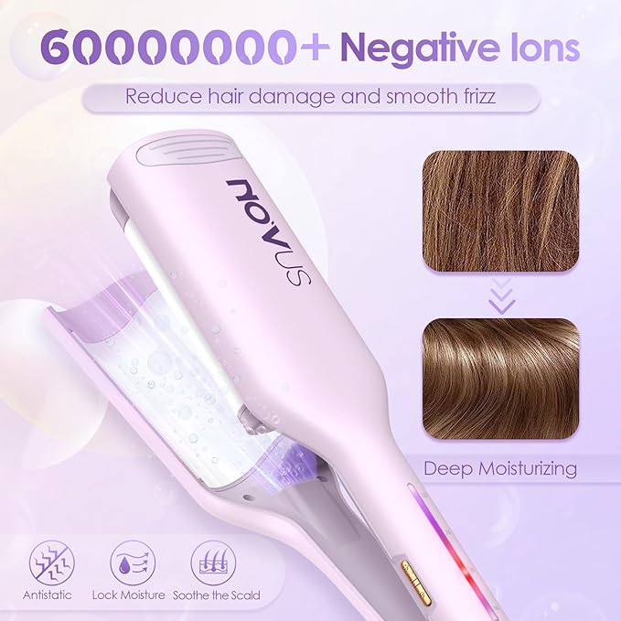 NOVUS Curling Iron Hair Crimper Waver - 1.25 Inch Anti-Scald Waves Curling Wand, Ionic Deep Waver Hair Curler Tool with Ceramic 2 Barrel for All Hair Types, Auto Shutdown Protection