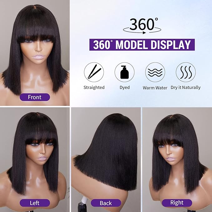 LUVME HAIR 10 Inch Short Black Straight Bang Wig with Minimalist 2x1 Lace Scalp For Women