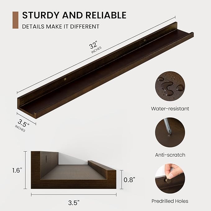 Picture Ledge Shelf, Solid Pine Wood Floating Shelves Set of 2, 32 Inches Nursery Book Shelves for Toys Storage, Kids Bookshelf Wall Mounted for Living Room Bedroom Decor Books Photo Frames, Walnut