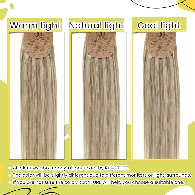 RUNATURE Ponytail Extension Real Human Hair, Short Ponytail Hair Extensions for Women, Soft Remy Natural Hair, Wrap Around Human Hair Ponytail, 12 Inch 70g #8P60 Ash Brown Highlight Platinum Blonde